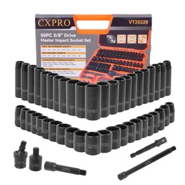 CXPRO 3/8'' Cr-V 6 Point Drive Impact Socket Set, 50-Piece Standard SAE (5/16 to 3/4 inch) and Metric (8-22mm) Size, 3/8-Inch Ratchet Handle, Extension Bar, Universal Joint