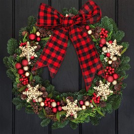 Checkered Wire Ribbon, Plaid Burlap Ribbon, Width 5cm, Length 5M, Wire Craft Ribbon Christmas Ribbon, Christmas Gift Ribbon, DIY Crafts, Home Decoration, Christmas Tree Garland, Decoration and Ribbon(Red and Black, Set of 2)