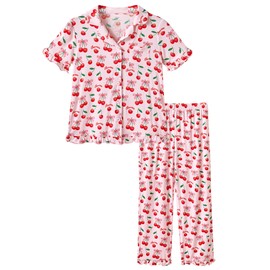 BambooBud Girls' Pajamas Kids Toddler 2 Piece Pjs Set Button Down Sleepwear Viscose from Bamboo Clothes Sets 4-10Y, Cherry with Bow, 7-8Y