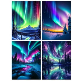 Muzagroo Art 5D Diamond Painting Kits for Adults, Aurora Diamond Art Kits for Beginners, DIY Landscape Diamond Dot Kits Gem Arts and Crafts for Living Room, Gem Painting Living Room 4 PCS Wall Art