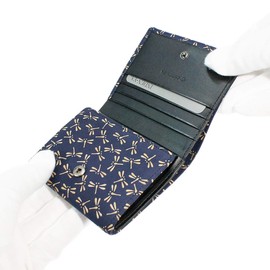 Indenya 2204-14-008 Bill H Billfold Wallet Box Shaped Coin Purse, Deer Leather, Navy Blue Base x White Lacquer, Dragonfly Pattern, Navy, White