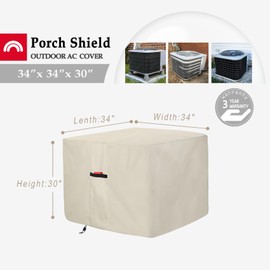 Porch Shield Waterproof AC Covers – Heavy Duty Square Air Conditioner Cover for Outside Unit Up to 34''L x 34'' x 30'', Tan