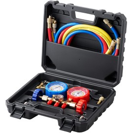 AC Gauge Set, 3-Way AC Manifold Gauge Set for R134A, R22, R12, R502 Refrigerants – Freon Gauges Include 5 ft Hoses, Couplers, and Can Tap for Car Auto Freon Charging and Evacuation