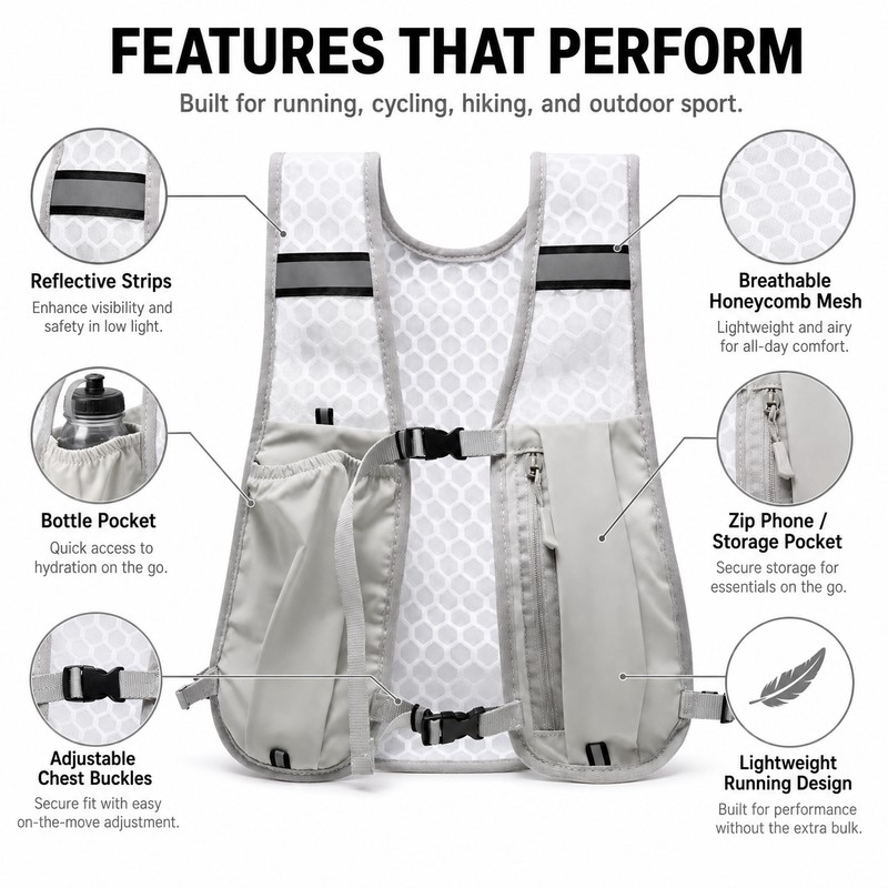 Reflective Running Hydration Vest for Sports – Lightweight Phone Storage