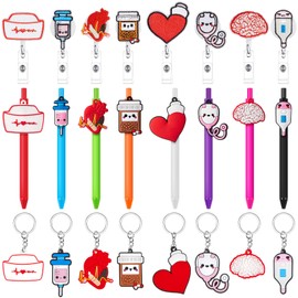Henoyso 24 Pcs CNA Week Gifts Bulk 2025 Nursing Graduation Gift 8 Funny Pen 8 Retractable Badge Reel 8 Cute Keychain Heart Brain ID Badge Holders for CNA Rn Nursing Student(Classic)