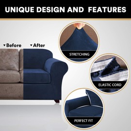 Real Velvet Stretch Chair Covers 2 Piece Armchair Cover Slipcovers - Include Base Cover and Cushion Cover - Sofa Covers Couch Covers 1 Seater Chair Slip Cover, Feature Thick Soft Velour, Navy