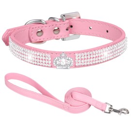 Suiecuor Dog Collar with Lead, Rhinestone Dog Collar, Small Dogs, Leather Dog Collar for Small, Medium and Large Dogs, Pink, M