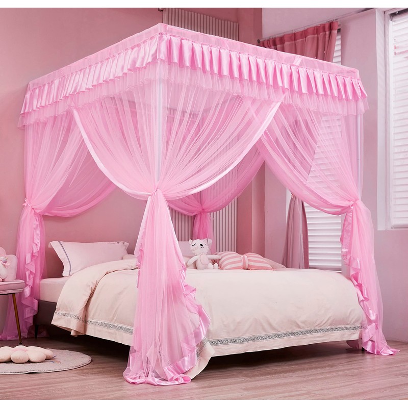 Rosa princesa 4 esquinas Post cama cortina dosel mosquitero, Rosado, Queen