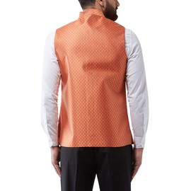 Sojanya (Since 1958 Men'S Silk Blend Orange & Gold Self Design Nehru Jacket, Size 42
