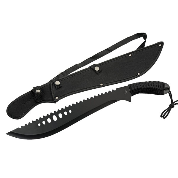 Szco Supplies 21” Cord-Wrapped Handle Black Finished Curved Sawback Outdoor Machete with Sheath,926958