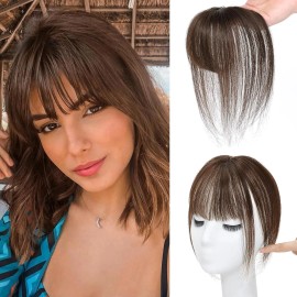 Morica NEW Morica Women's Human Hair Topper With Clip In Bangs Piece Dark Brown 10"