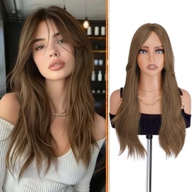 Haloo Brown Blonde Wigs with Curtain Bangs Long Layered Natural Looking Wavy Fluffy Hair Synthetic Heat Resistant Women Wig for Daily Party, 22 Inch