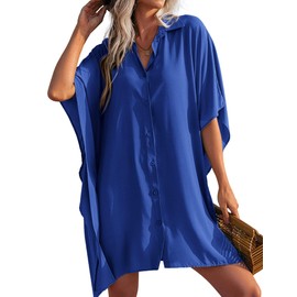 Ekouaer Coverups for Womens Beach Coverups for Women Swimwear Button Up Cover Up Shirt,XX-Large Snorkel Blue