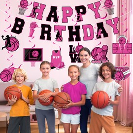 Pink Basketball Birthday Party Decorations Black Pink Basketball Happy Birthday Banner Hanging Swirls for Girls Women Sports Theme Bday Baby Shower Party Supplies