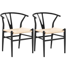 Yaheetech Set of 2 Weave Arm Chair Mid-Century Metal Dining Chair Y-Shaped Backrest Hemp Seat, Black