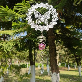Hanging Wind Spinner with Sun Catcher Tail, 3D Outdoor Yard Garden Metal Wind Spinners Decor, Outside Stainless Steel Spinner Gift Indoor Decoration Crafts Ornaments Butterfly