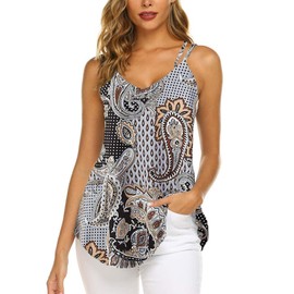 Women's Casual Spaghetti Strap Floral Printed Tunics Tank Tops Summer V Neck Sleeveless Shirts Loose Fit (Khaki, M)