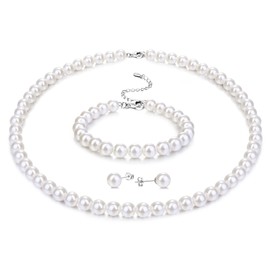 Morfetto Sterling Silver Pearl Necklace for Women Men White Round Simulated Shell Pearl Necklace Bracelet Earrings 6/8 mm Choker Pearl Necklace Set for Women Girls, Pearl Sterling Silver, Pearl