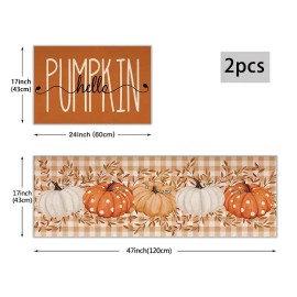2-Piece Autumn Abstract Pumpkin Floor Mat Set – Orange Grid Rugs for Kitchen, Dining Room, Laundry Room, Farmhouse Decor