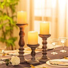 Inweder Wood Pillar Candle Holder (Set of 3), Rustic Candle Holders for Pillar Candles, Tall Farmhouse Candle Holders Candle Stand, Large Pillar Candle Holder Set for Table, Fireplace, Home, Brown
