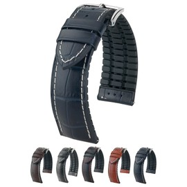 Hirsch George Leather Watch Strap - Blue - L - 22mm / 20mm - Shiny Silver Buckle - Embossed Calf Leather - Performance Band
