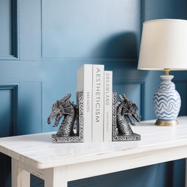 Book Ends for Shelves to Hold Books Heavy Duty,Decorative Bookend for Bookshelf Décor, Animal Dragon Book Stopper Dragon Statues for Home, Office Desk, Living Room Decoration,Vintage Silver,1pair