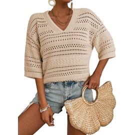 Acelitt Short Sleeve Sweaters for Women 2025 Summer Fashion Trendy Knitted Crochet Tops Beach Vacation Clothes Cruise Outfits Resort Wear Beige Large