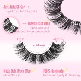 JIMIRE Demi Wispies False Eyelashes Natural Look Invisible Lash Band Cat Eye Lashes 15MM Mink Lashes Fluffy Russian D Curl Strip Lashes Look Like Lash Extensions Pestañas 8 Pairs Pack