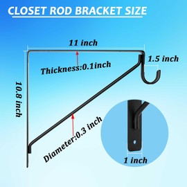 APOCHON 4 Pack Heavy Duty Closet Shelf and Rod Brackets 300lbs, 11 x 11 Inch Wall Mounted Closet Shelves Bracket with Rod Shelving Support, Black Closet Pole Holder Bracket with Screws