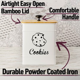 Cookie Jar with Airtight Bamboo Lid - 6"W x 6"D x 8"H White Iron Cookie Tin - Large Cookie Jars with Lids Airtight - Farmhouse Cookie Jars for Kitchen Counter Decorative - Cute Cookie Jar Airtight Lid