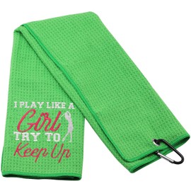 BLUPARK Fun Women Golfing Gift for Lady Golfer I Play Like A Girl Try to Keep Up Golf Towel with Clip (Keep Up-Green)