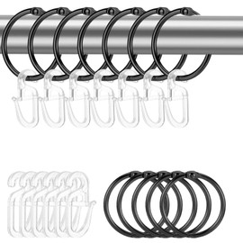 60 Metal Curtain Rings with Hooks, Inner Diameter 32 mm, Curtain Hooks with 60 Transparent Plastic Curtain Hooks, Hanging Accessories for Curtains, Door Curtains, Shower Curtains (Black)