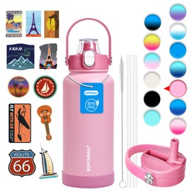 Insulated Water Bottle with Lid & Boot & Stickers, 32 oz Stainless Steel Sweat Free Bottle Keep Cold 24H, BPA-Free Sports Wide Mouth Water Bottle, Pink