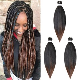 Pre Stretched Braiding Hair 3 Pieces Pre-Stretched Braiding Hair Extensions Yaki EZ Pre-Stretched Braiding Hair Synthetic Hair Extensions Hairpiece, Black & Light Auburn