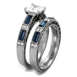 YourJewelleryBox Engagement Ring Simulated Diamond Wedding Band Set Princess Sapphire Size N TK1829
