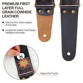 Nefelibata Guitar Strap, Sun & Moon Embroidery Guitar Straps with Head Cowhide Leather Ends for Bass, Electric & Acoustic Guitars, Free Strap Button, 1 Pair Strap Locks and 4 Guitar Picks
