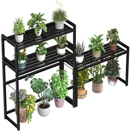 Ekisemio - Soporte para plantas de metal de 3 niveles, resistente al agua, para interiores y exteriores, soporte para macetas alto y estante de exhibición para jardín, color negro
