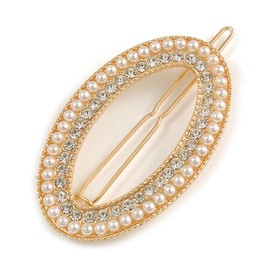 Gold Tone Clear Crystal Cream Faux Pearl Oval Hair Slide/Grip - 60mm Across