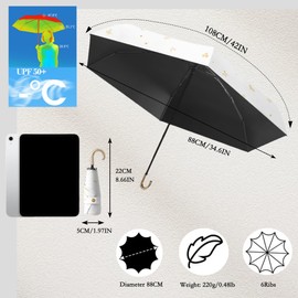 Mini Travel Folding Umbrella with Hook Hanger - Golden Butterflies & Stars Design, Teflon Coating & 6 Ribs, UPF 50+ UV/Sun Protection, Compact for Women Adults (Fits in Bag/Backpack, White