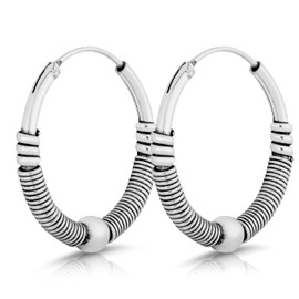 NKlaus Pair of Bali Ball Hoop Earrings Diameter 22 mm Celtic 925 Sterling Silver Gothic 4374, Silver