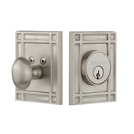 Nostalgic Warehouse 715141 Mission Plate Single Cylinder Deadbolt Mission Door Knob in Satin Nickel,
