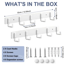 Bosdontek 2 Pack Wall Coat Racks, Heavy Duty Coat Hooks Wall Mounted Clothes Hanger Rustproof Coat Racks Multi-Purpose Wall Hooks Coat Rack for Clothes, Hats, Bags - 2Pcs (White)