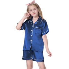 Schbbbta - Conjunto de pijama de seda para niñas y mujeres, ropa de dormir de satén con botones, 3 años, talla XXL, marino, XL
