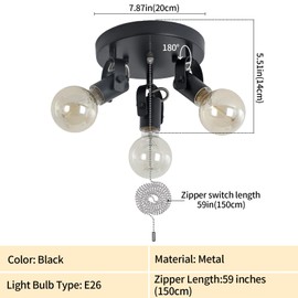 SEEBLEN 3 Light Flush Mount Ceiling Light with Pull Chain, Industrial Kitchen Ceiling with Rotatable Light Head,Black Pull Chain Spotlight for Bedroom Hallway Kitchen Laundry