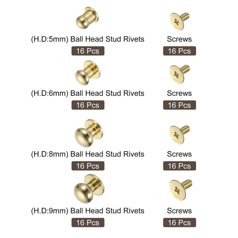 sourcing map 5/6/8/9mm Ball Head Stud Rivets Screw Back, 64Pack