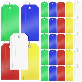 VOKOY 100 Sets Plastic Shipping Tags with Wire, 5 Colors Metal Eyelet Blank Waterproof Tags Bulk Shipping Tags Plastic Labeling Tags with String for Outdoors Luggage Inventory Shelf, 4.72" x 2.36"