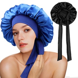 Gebrazy Pack of 2, Satin Hair Cap for Women - Double-Sided Silk Hood for Sleeping Sleep Cap Hair Protect for the Night Bonnet for Women and Girls, 1 Black + 1 Sapphire Blue