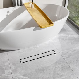 28-Inch Linear Shower Drain with Tile Insert Grate, SUS 304 Stainless Steel Linear Drain, Matte Black Long Rectangle Shower Floor Drain with Leveling Feet, Hair Strainer, Fits Bathroom