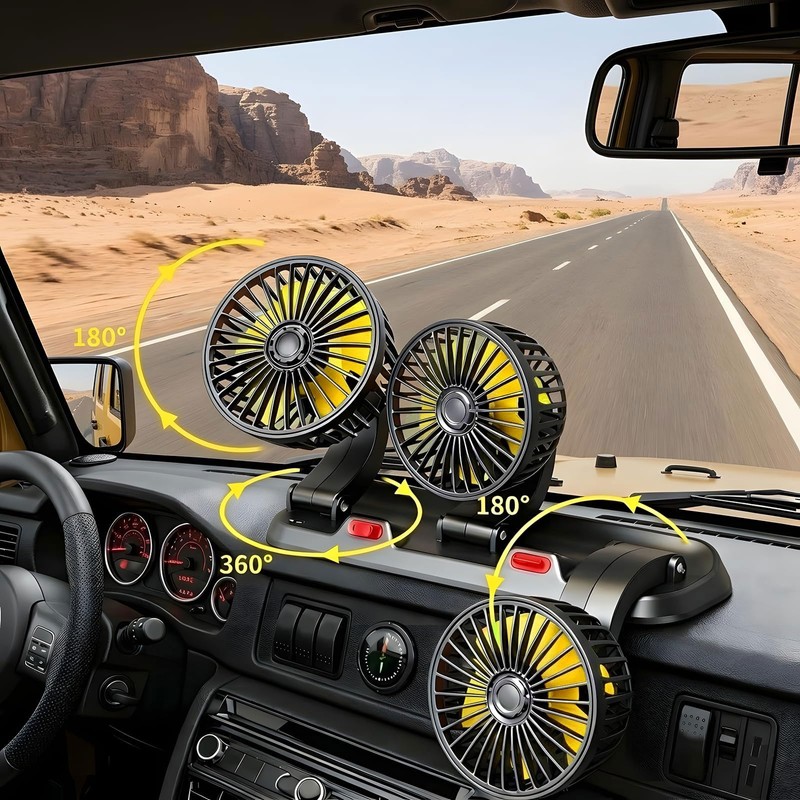 Glatiaofy 12V Car Cooling Three-Head Fan, 360° Rotation, 2-Speed Adjustable,