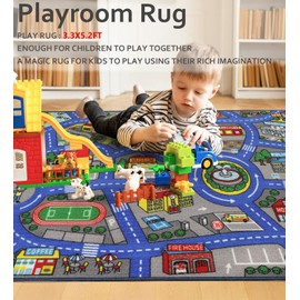 Kids Rug 3'3" x 5'2" City Life Playmat Area Rug Car City Map Washable Traffic Road Educational Learning Nursery Rug Carpet for Children Playroom Living Room Bedroom Classroom Decor Dark Blue